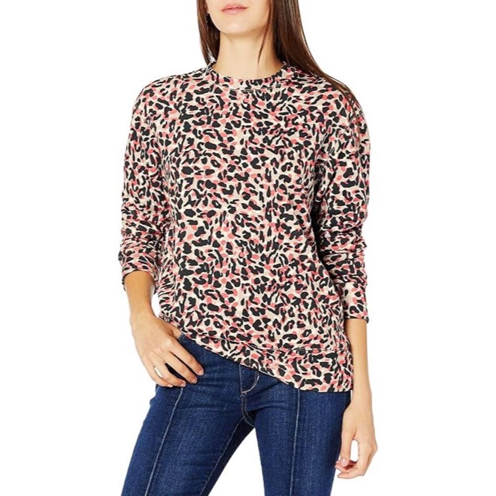 MONROW Leopard Print Crewneck Sweatshirt Top‎ Long Sleeves Coral Tan Black Size